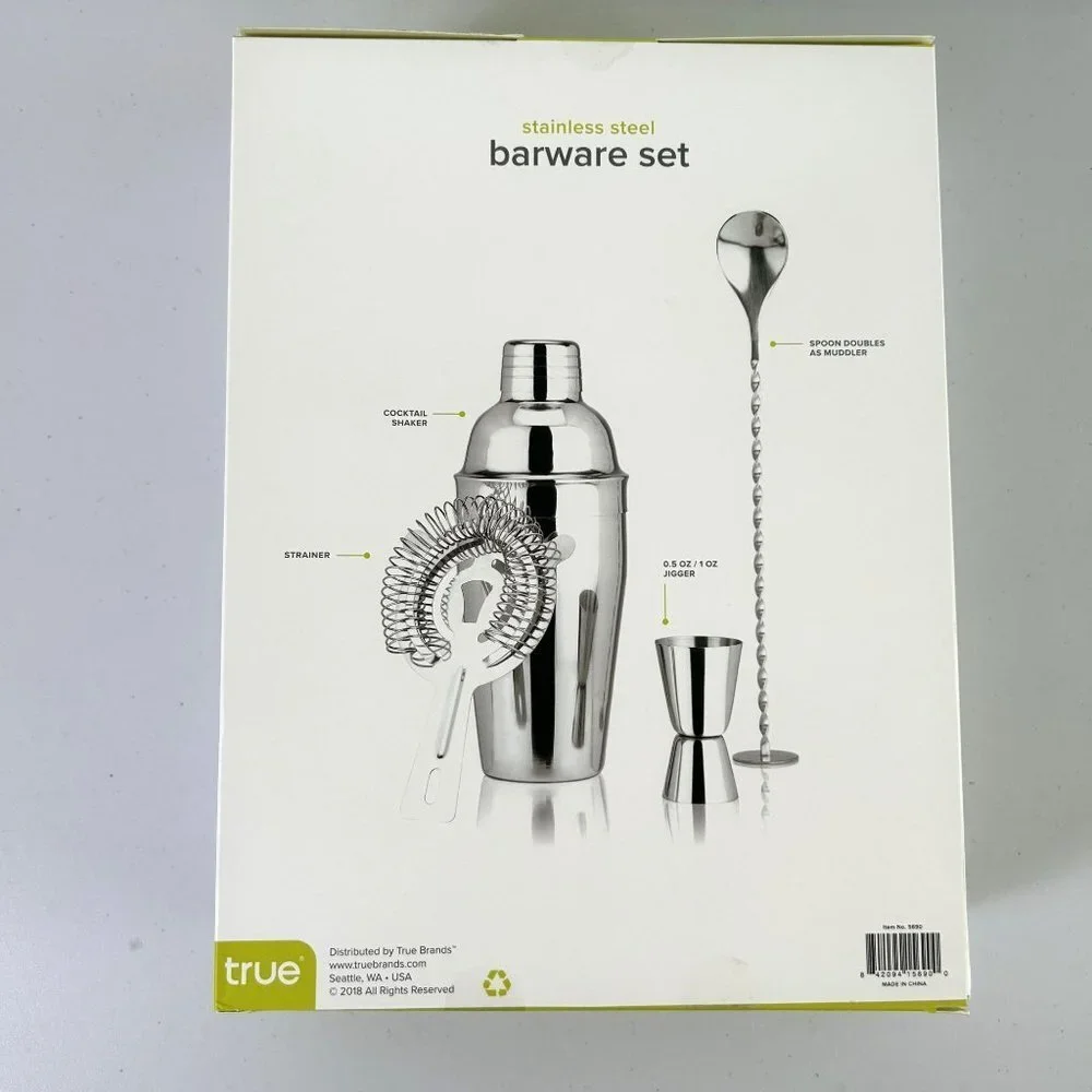 True Barware Cocktail Set Stainless Steel 4 Piece Set Shaker Jigger Strainer NIB
